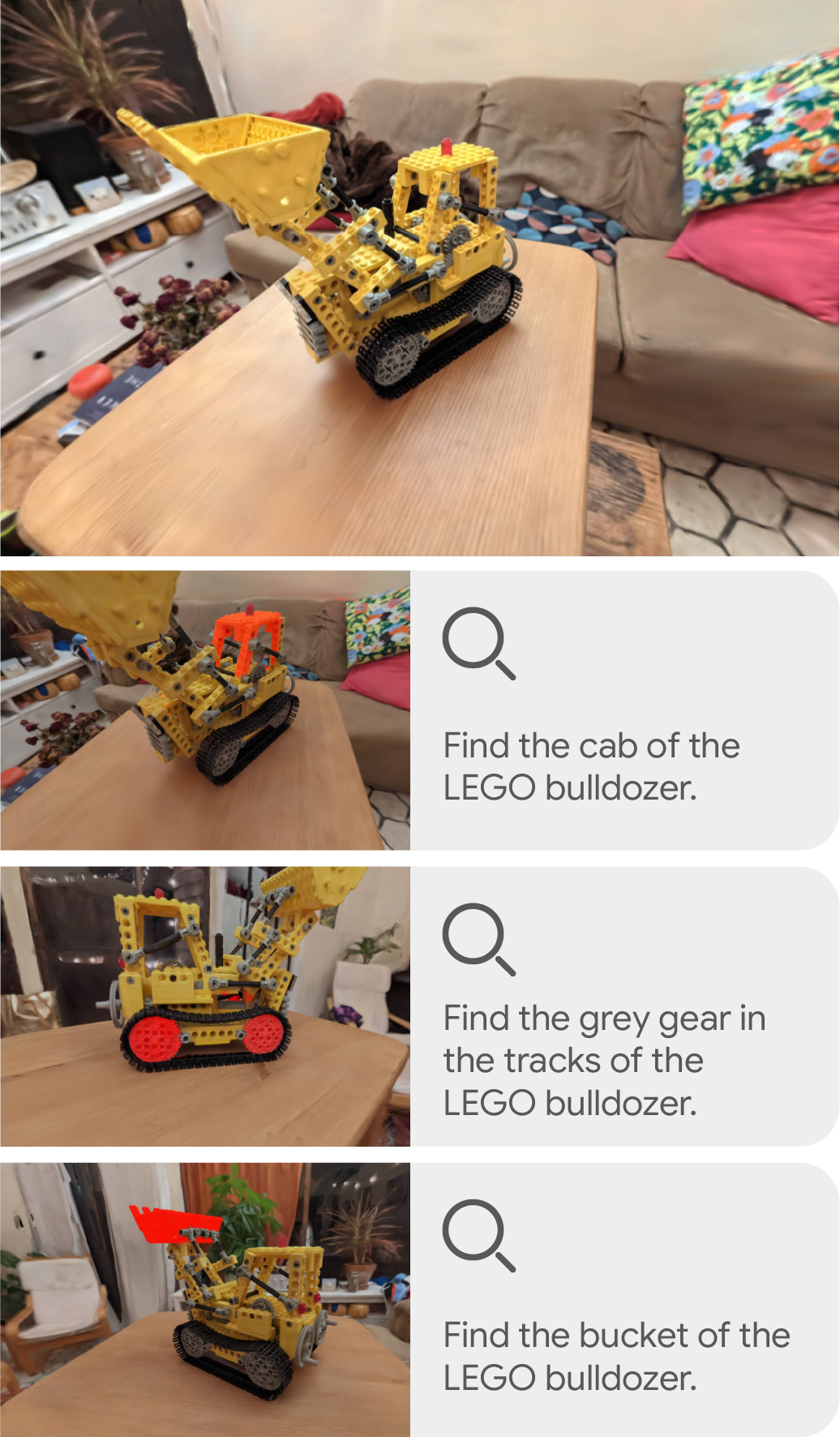 Context-aware spatial reasoning examples in the Bulldozer scene