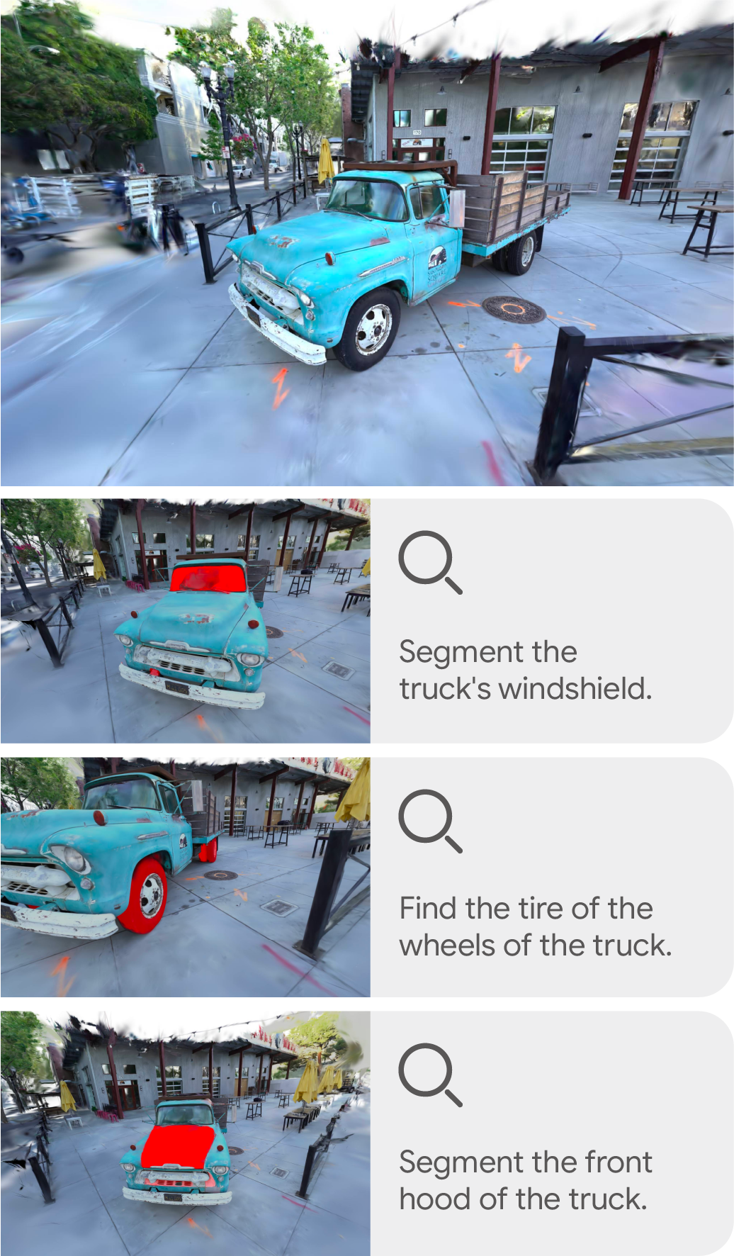 Context-aware spatial reasoning examples in the Truck scene